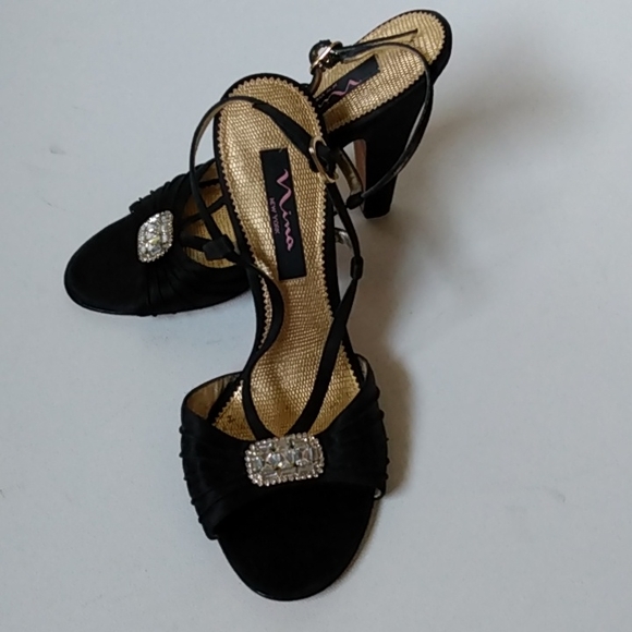 NINA RICCI Black High Heels Jeweled Toe Rhinestone Button  Size 8m - Picture 8 of 11